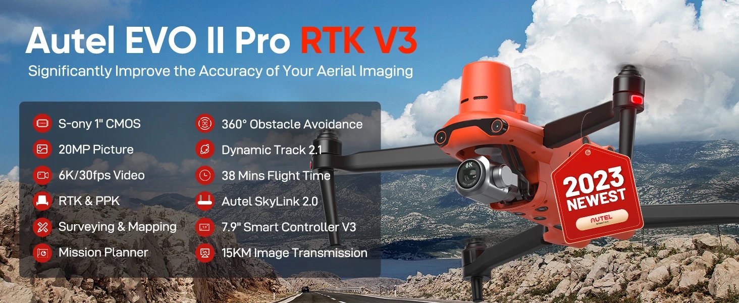 Autel Robotics EVO II Pro RTK V3 Centimeter-Level Positioning Drone 20MP Photo & 6K/30fps Video support Rectangular Missions